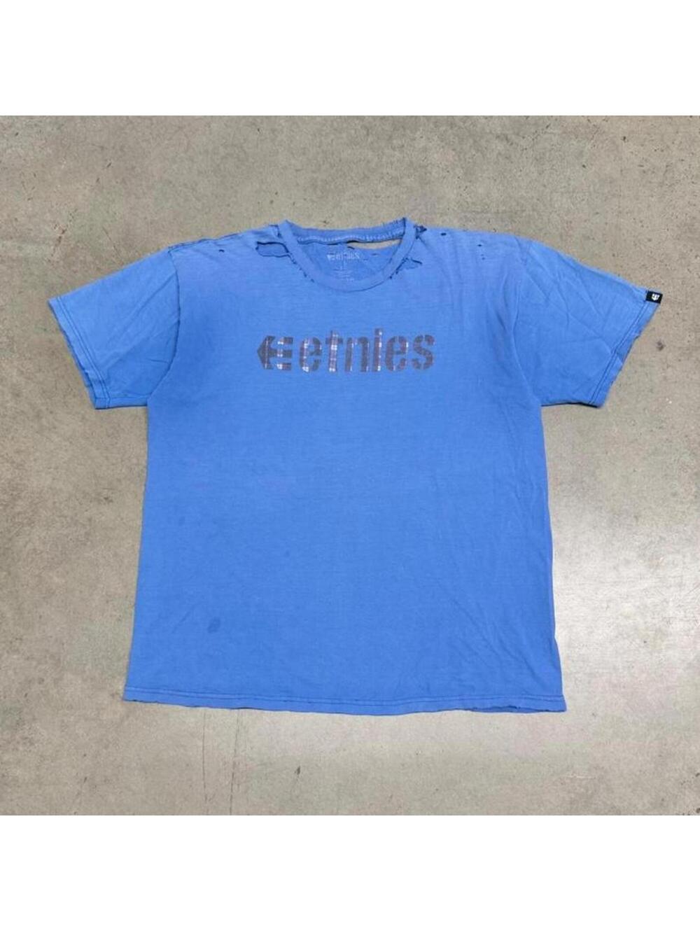 Vintage Etnies T Shirt Mens Large Blue Sun Faded Thrashed Distressed Skate Y2K
